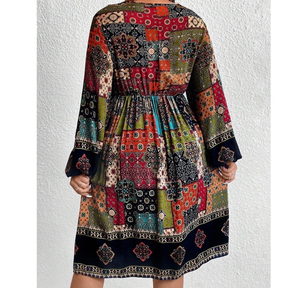 Plus Boho Multicolor Print V neck long sleeve Dress - Picture 2 of 5